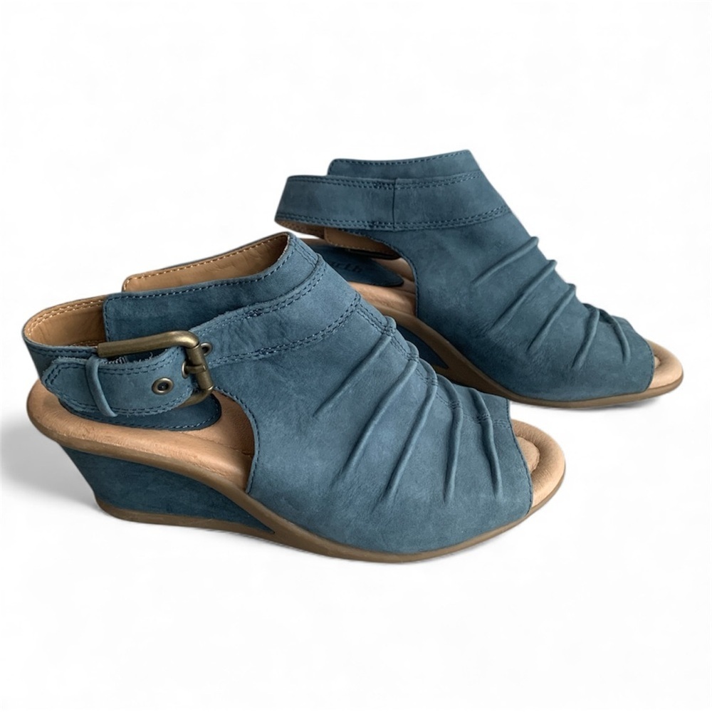 Earth Adina Moroccan Blue Suede Ruched Sling Back Peep Toe Wedge Sandals